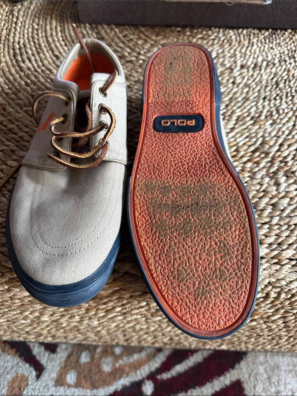 Polo by Ralph Lauren Men’s Beige Canvas Boat Shoes with Orange Logo size 10.5
